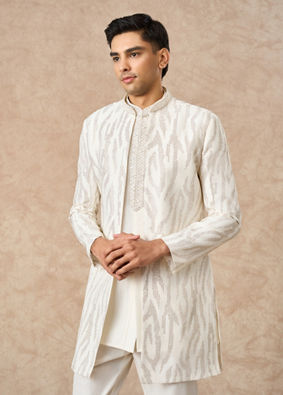 Manyavar Men Cream Art Silk Indo Western Set with Embroidery