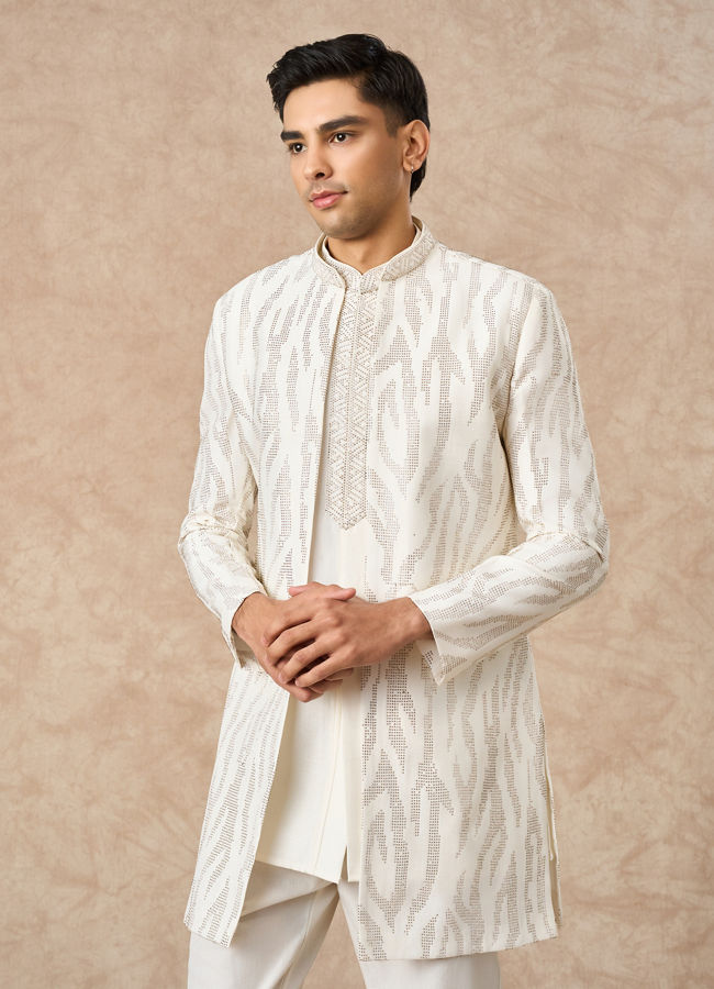 Manyavar Men Cream Art Silk Indo Western Set with Embroidery