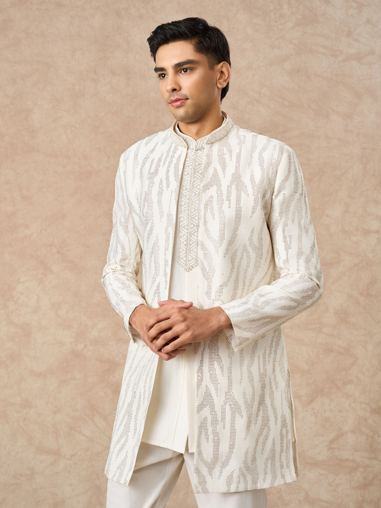 Manyavar Men Cream Art Silk Indo Western Set with Embroidery