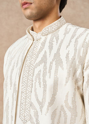 Manyavar Men Cream Art Silk Indo Western Set with Embroidery