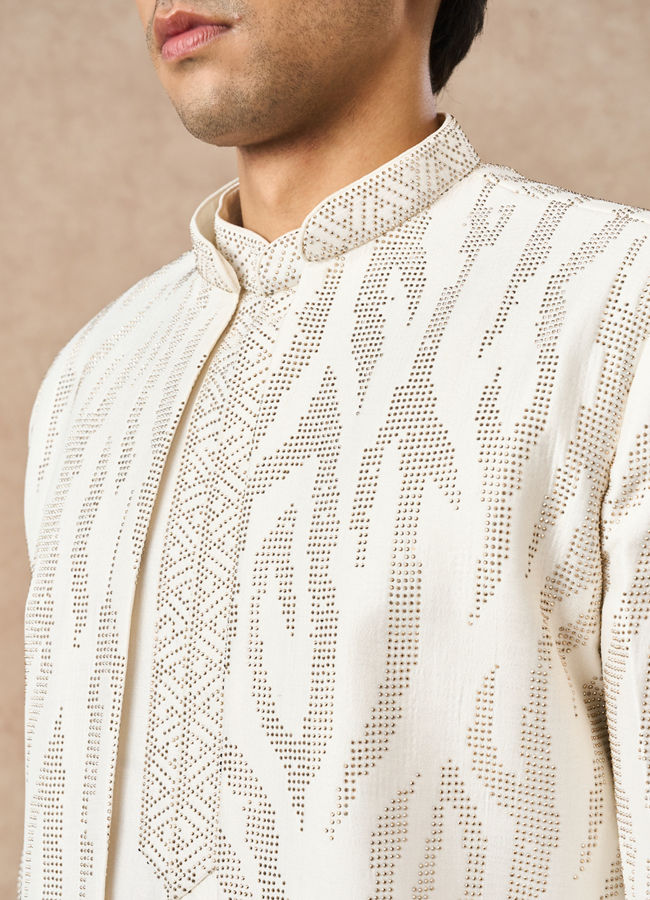 Manyavar Men Cream Art Silk Indo Western Set with Embroidery