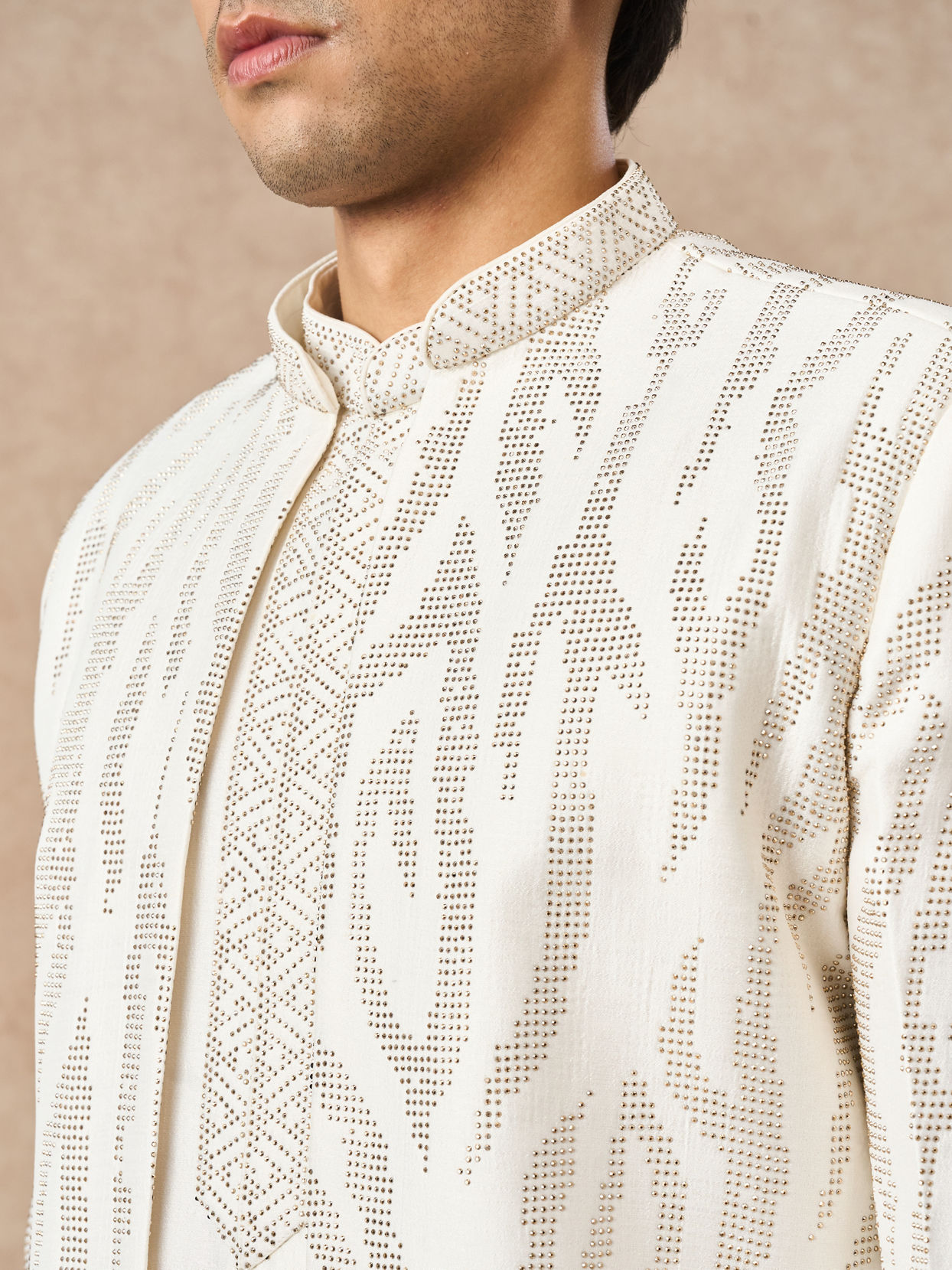 Manyavar Men Cream Art Silk Indo Western Set with Embroidery