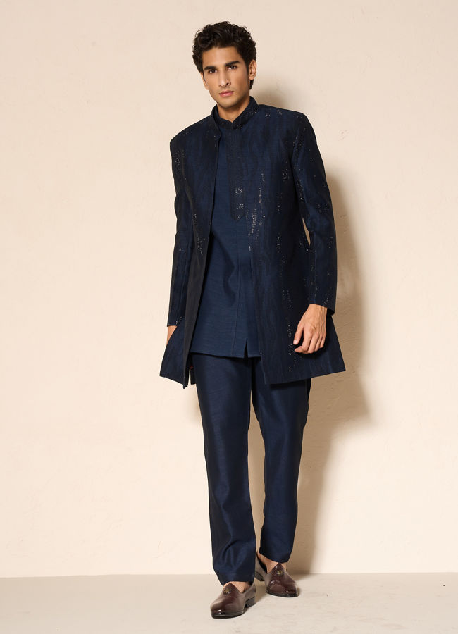 Manyavar Men Dark Blue Designer Indo Western