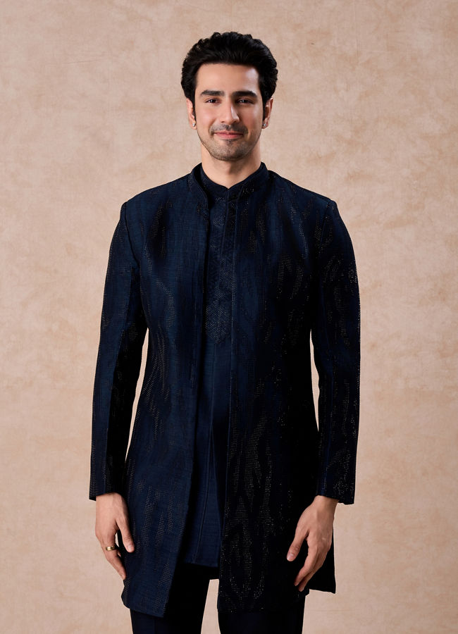 Manyavar Men Dark Blue Designer Indo Western