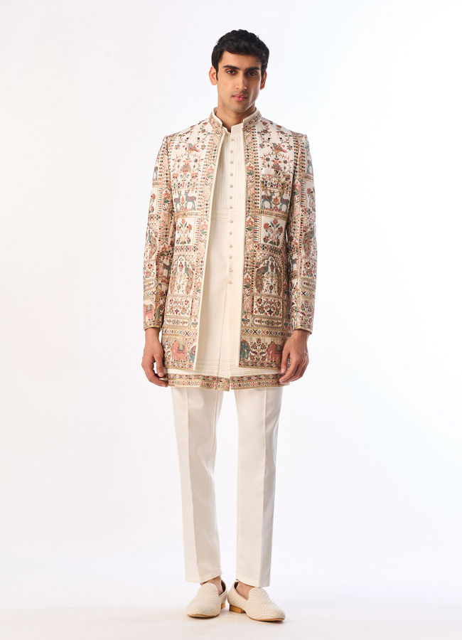 Manyavar Men Cream Georgette Elegance Indo Western