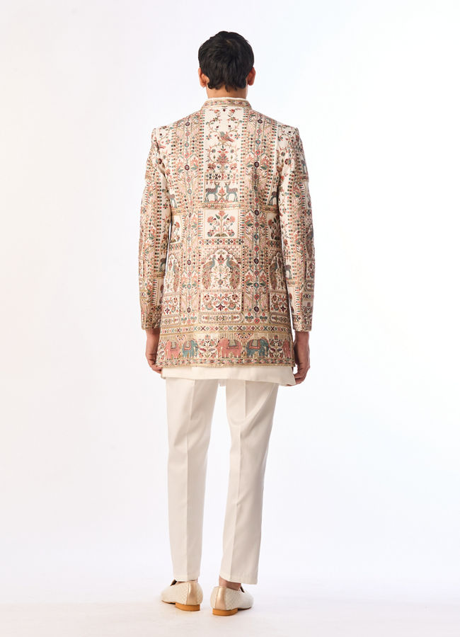 Manyavar Men Cream Georgette Elegance Indo Western