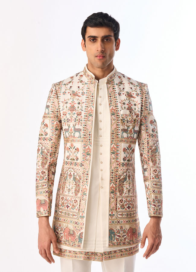Manyavar Men Cream Georgette Elegance Indo Western