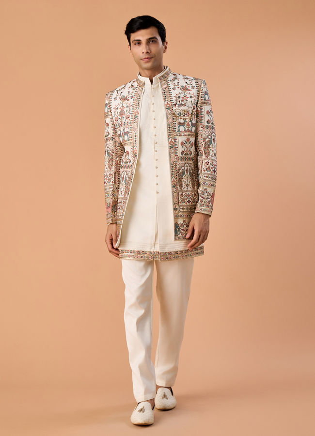 Manyavar Men Cream Georgette Elegance Indo Western