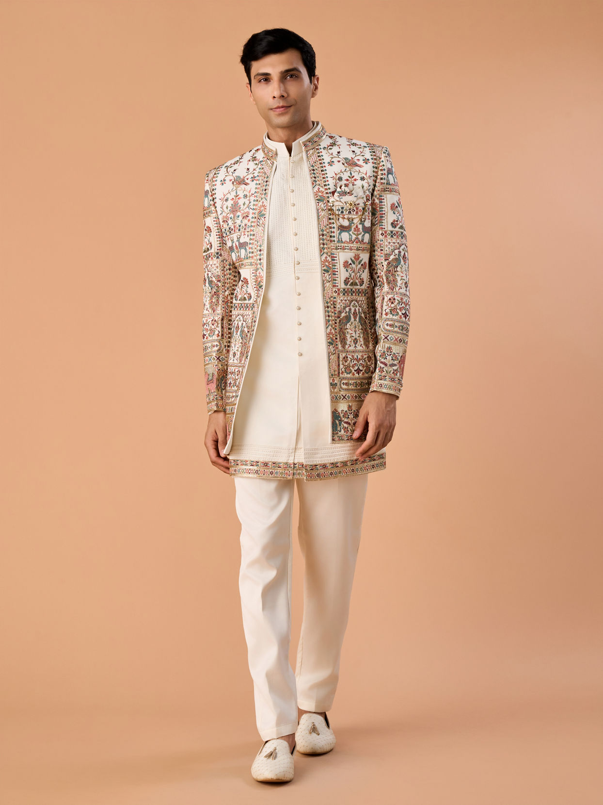 Manyavar Men Cream Georgette Elegance Indo Western