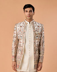Manyavar Men Cream Georgette Elegance Indo Western