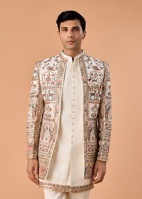 Manyavar Men Cream Georgette Elegance Indo Western