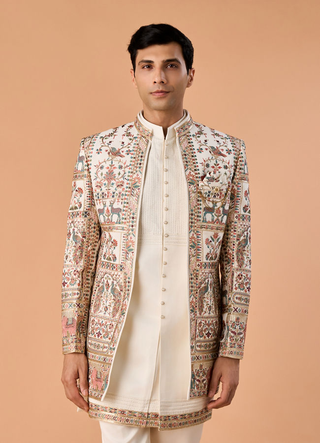 Manyavar Men Cream Georgette Elegance Indo Western
