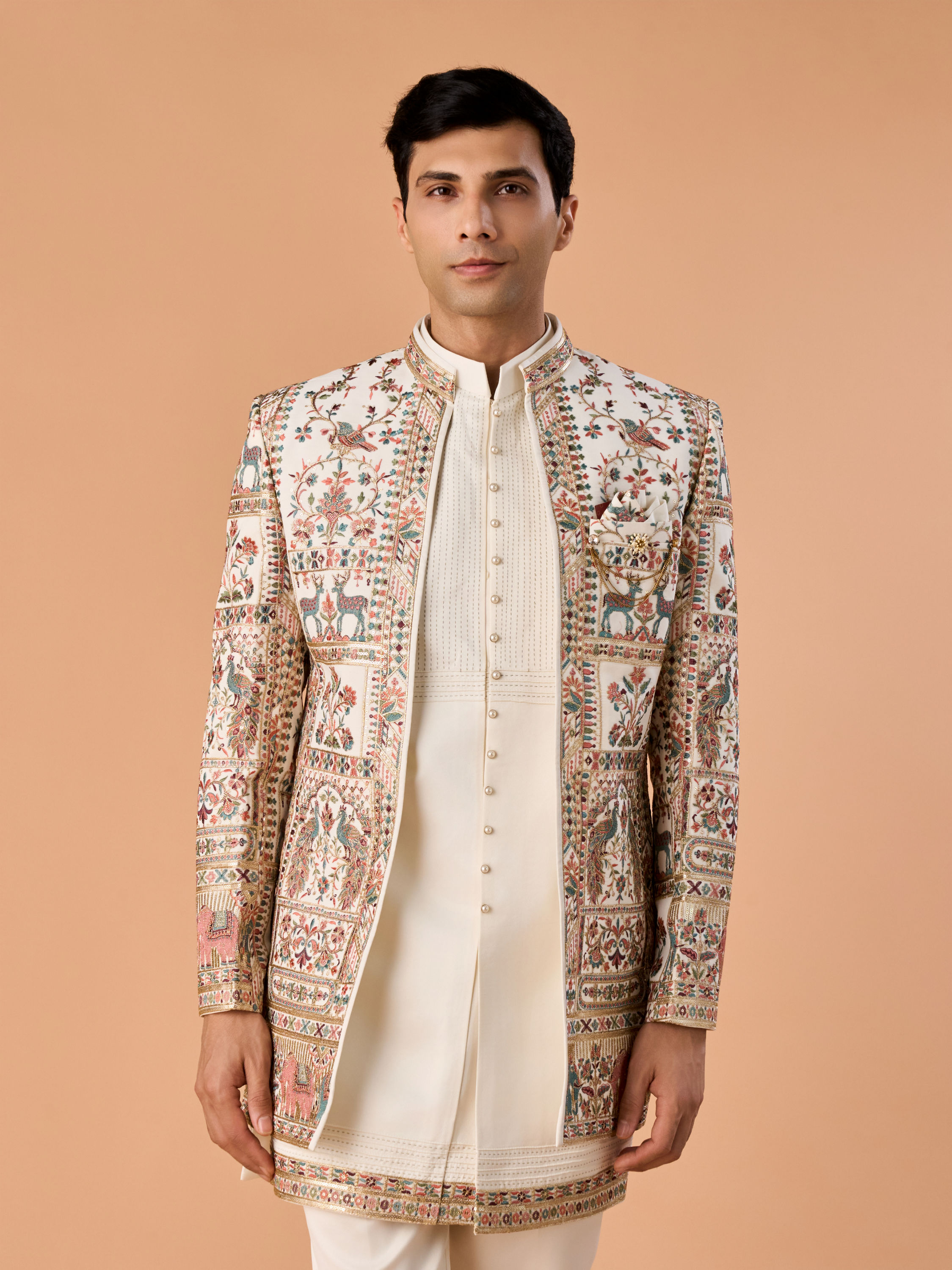 Manyavar Men Cream Georgette Elegance Indo Western