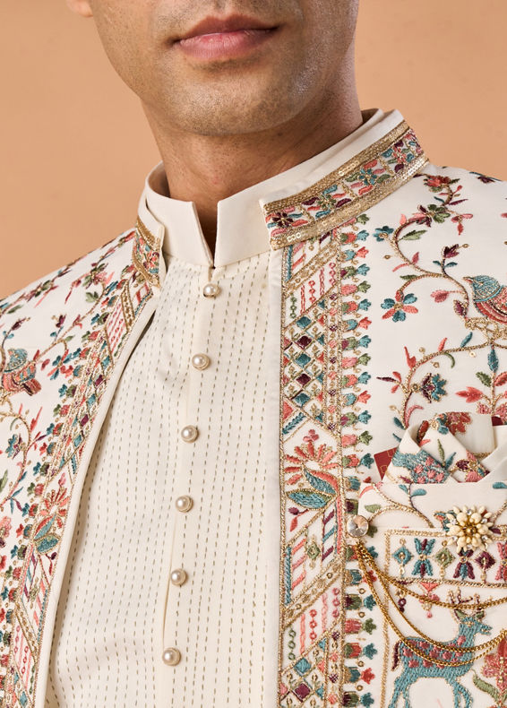 Manyavar Men Cream Georgette Elegance Indo Western