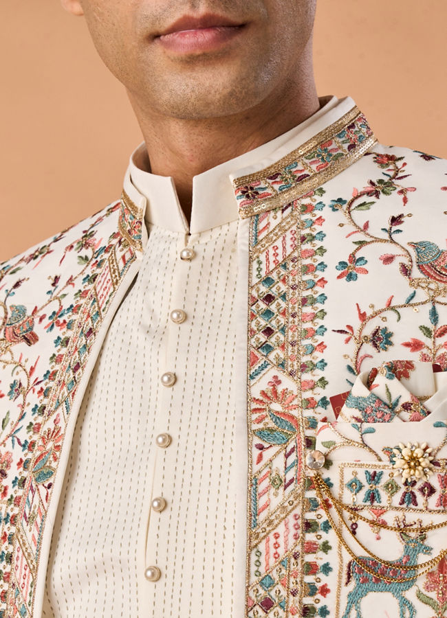 Manyavar Men Cream Georgette Elegance Indo Western
