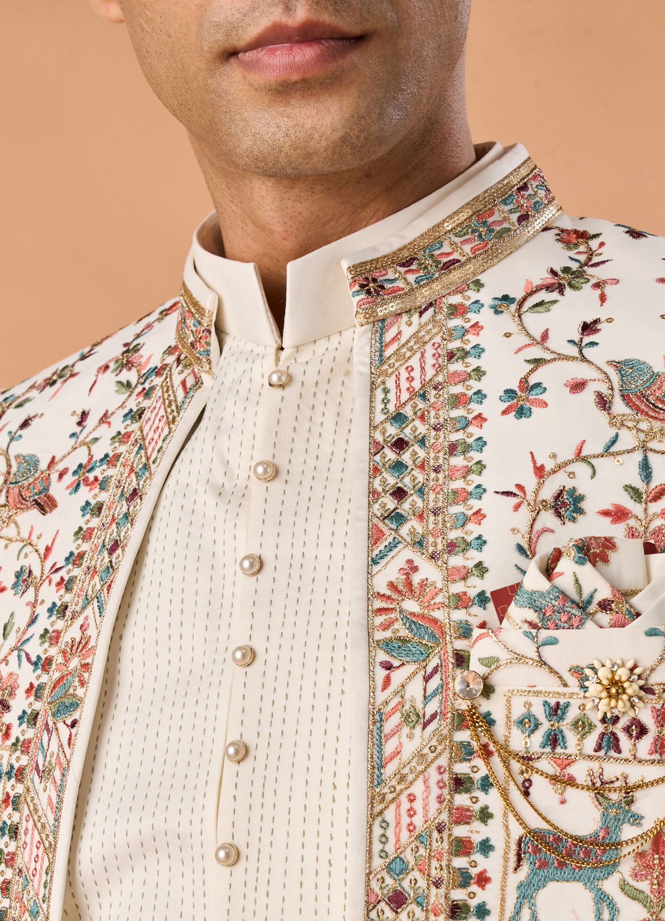 Manyavar Men Cream Georgette Elegance Indo Western