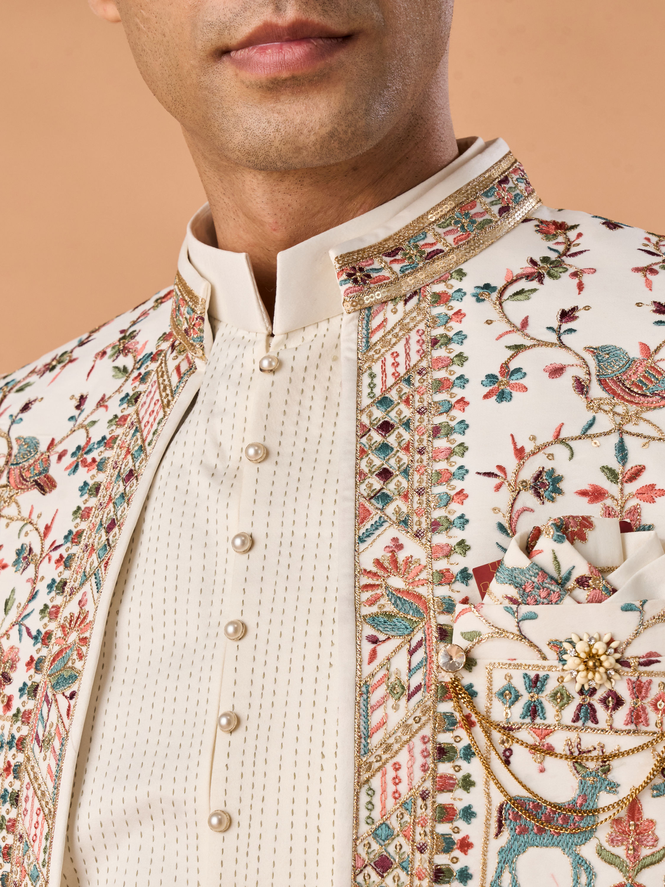 Manyavar Men Cream Georgette Elegance Indo Western