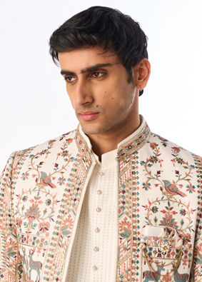 Manyavar Men Cream Georgette Elegance Indo Western