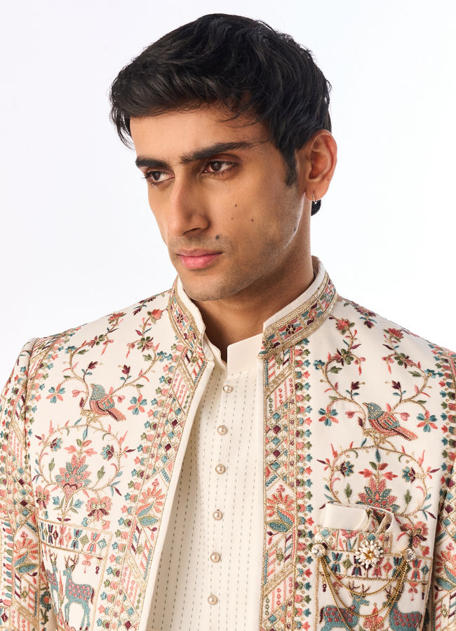 Manyavar Men Cream Georgette Elegance Indo Western