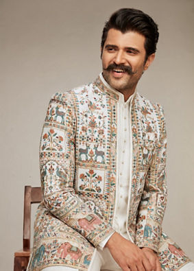 Manyavar Men Cream Georgette Elegance Indo Western