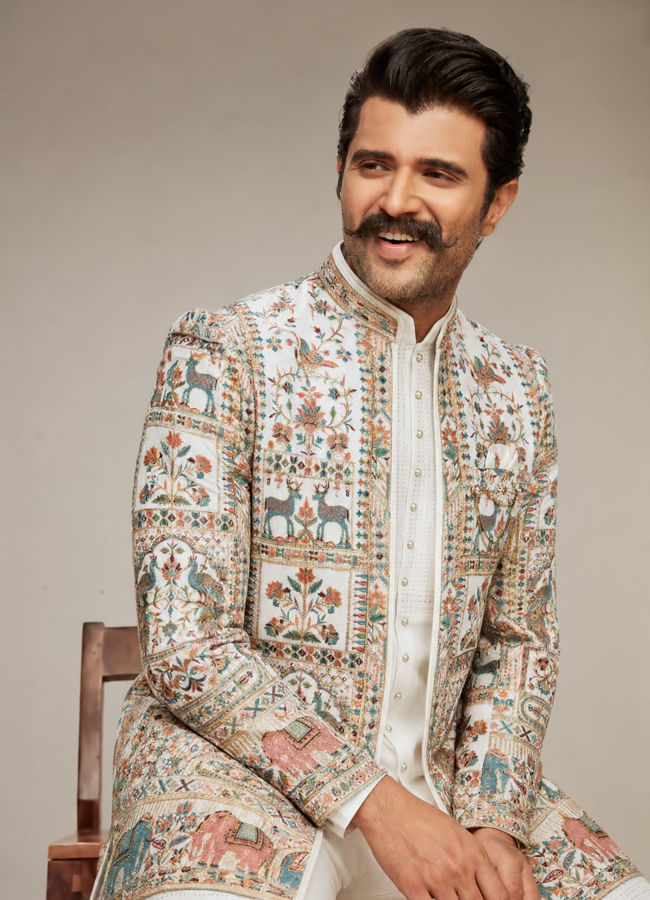 Manyavar Men Cream Georgette Elegance Indo Western