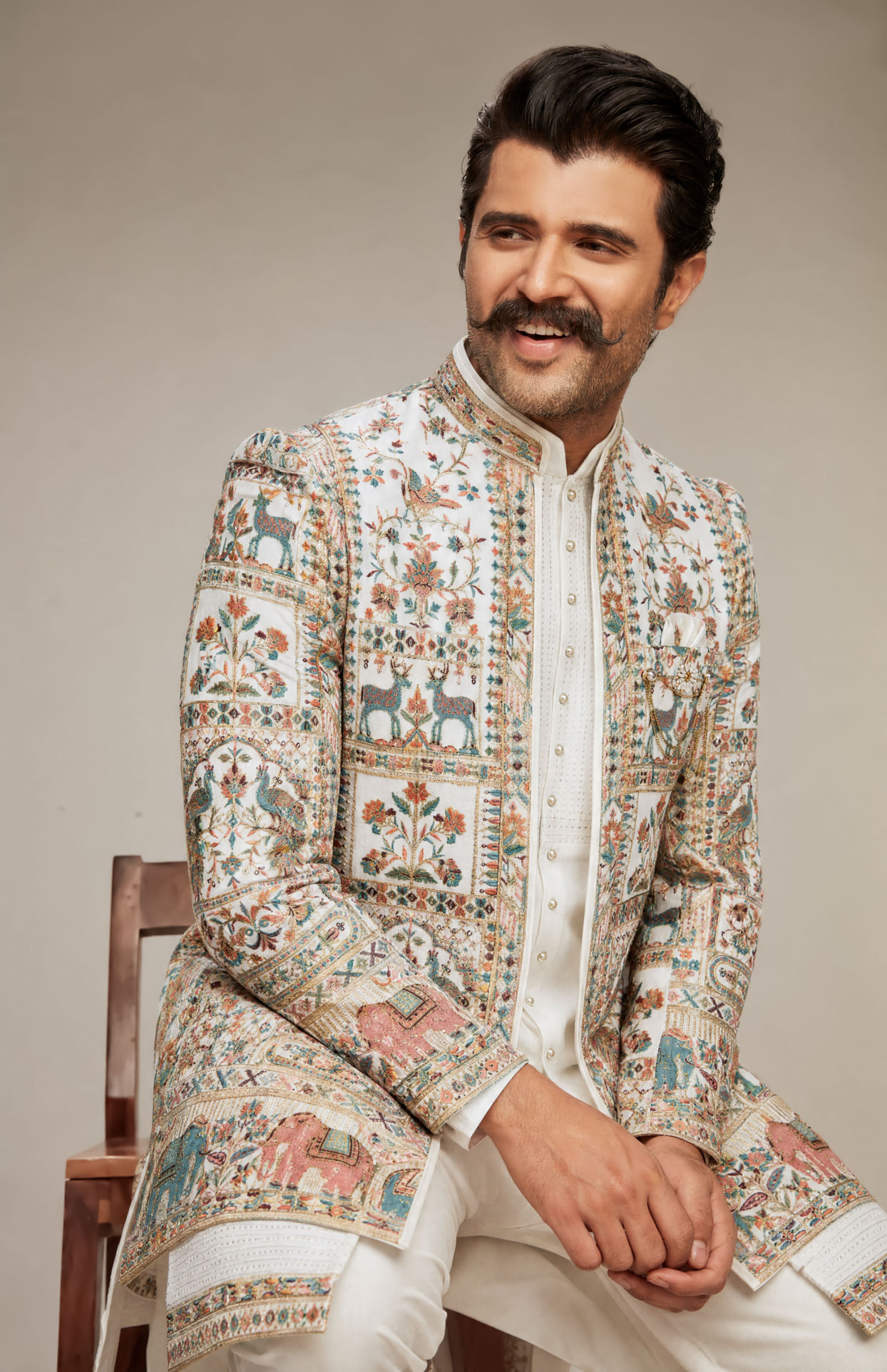 Manyavar Men Cream Georgette Elegance Indo Western