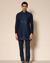 Manyavar Men Dark Blue Silk Indo Western Jacket with Embellishments
