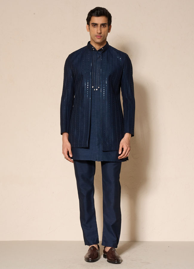 Manyavar Men Dark Blue Silk Indo Western Jacket with Embellishments