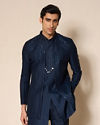 Manyavar Men Dark Blue Silk Indo Western Jacket with Embellishments