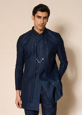 Manyavar Men Dark Blue Silk Indo Western Jacket with Embellishments