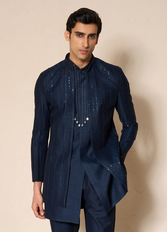 Manyavar Men Dark Blue Silk Indo Western Jacket with Embellishments