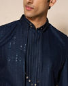 Manyavar Men Dark Blue Silk Indo Western Jacket with Embellishments
