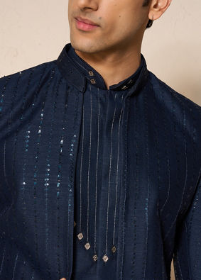 Manyavar Men Dark Blue Silk Indo Western Jacket with Embellishments