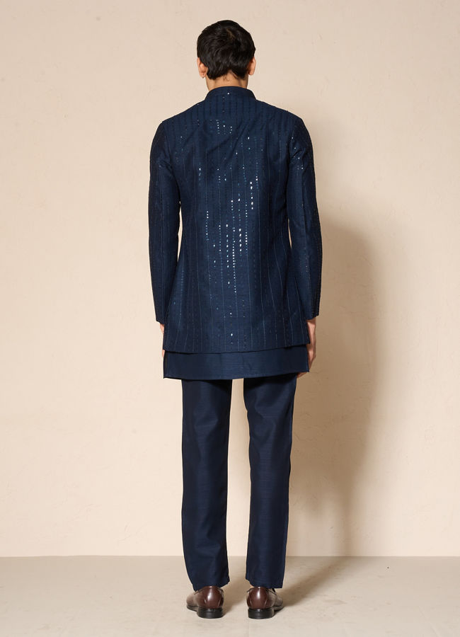 Manyavar Men Dark Blue Silk Indo Western Jacket with Embellishments