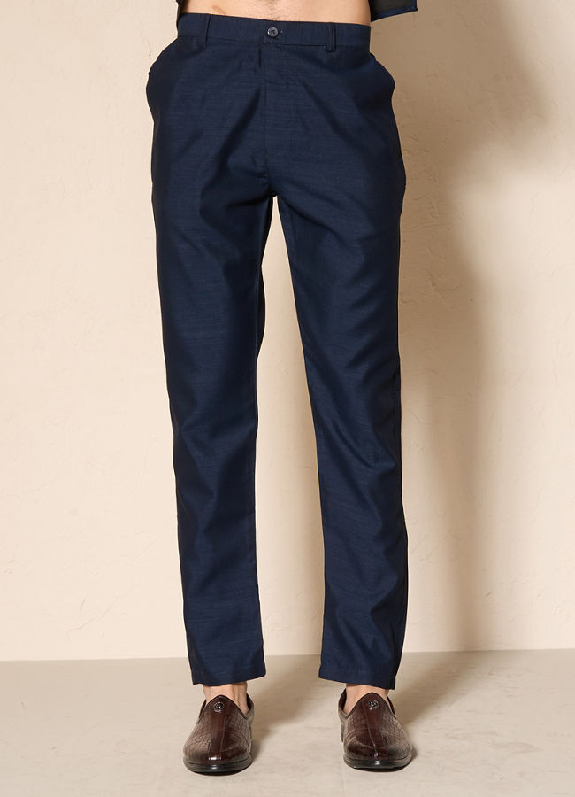 Manyavar Men Dark Blue Silk Indo Western Jacket with Embellishments