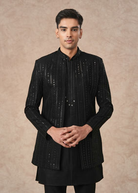 Manyavar Men Black Art Silk Indo Western with Sequins