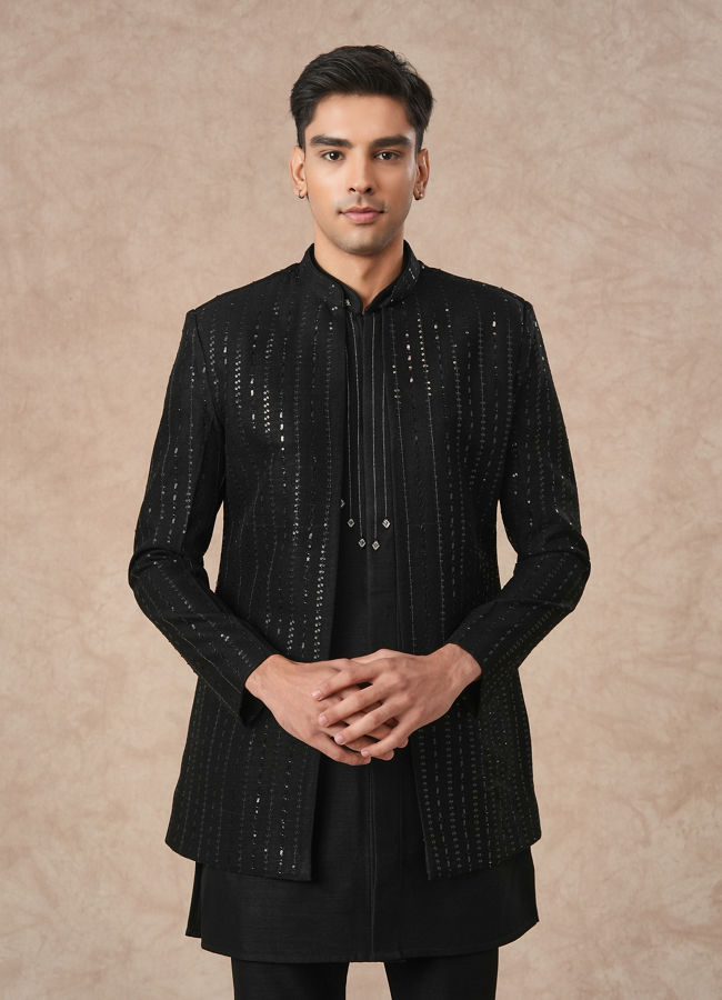 Manyavar Men Black Art Silk Indo Western with Sequins