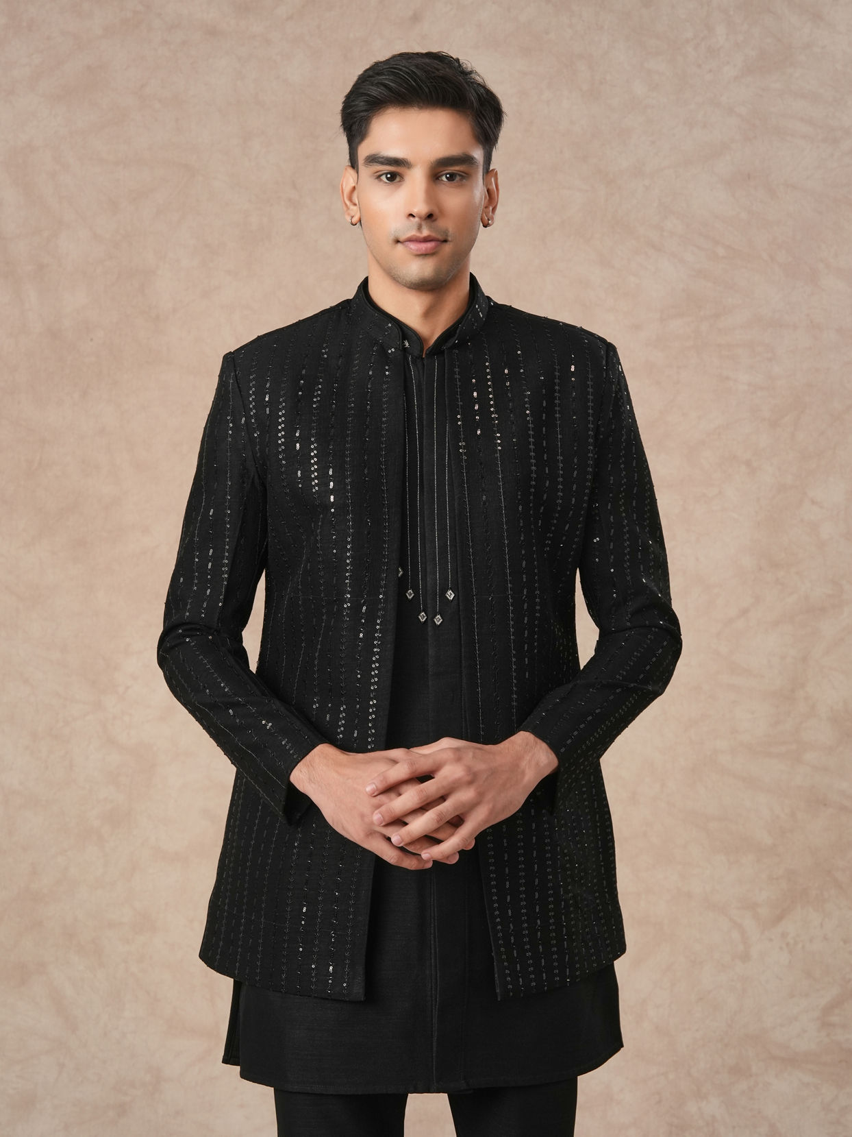 Manyavar Men Black Art Silk Indo Western with Sequins