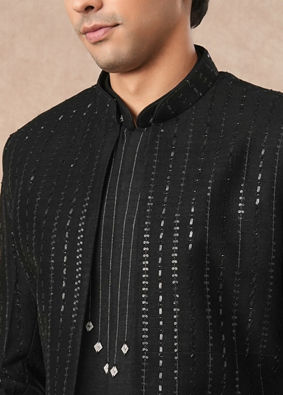 Manyavar Men Black Art Silk Indo Western with Sequins