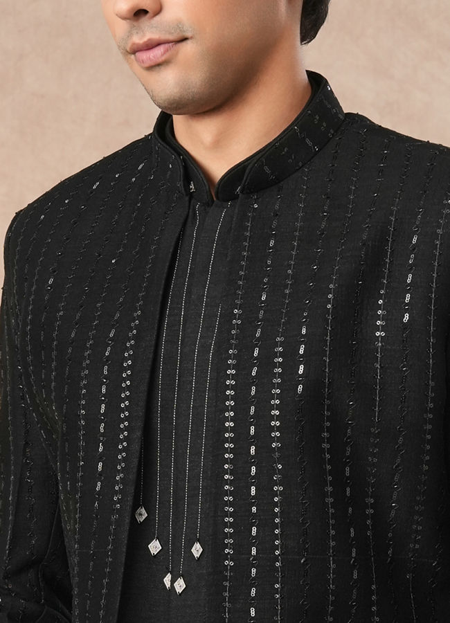 Manyavar Men Black Art Silk Indo Western with Sequins