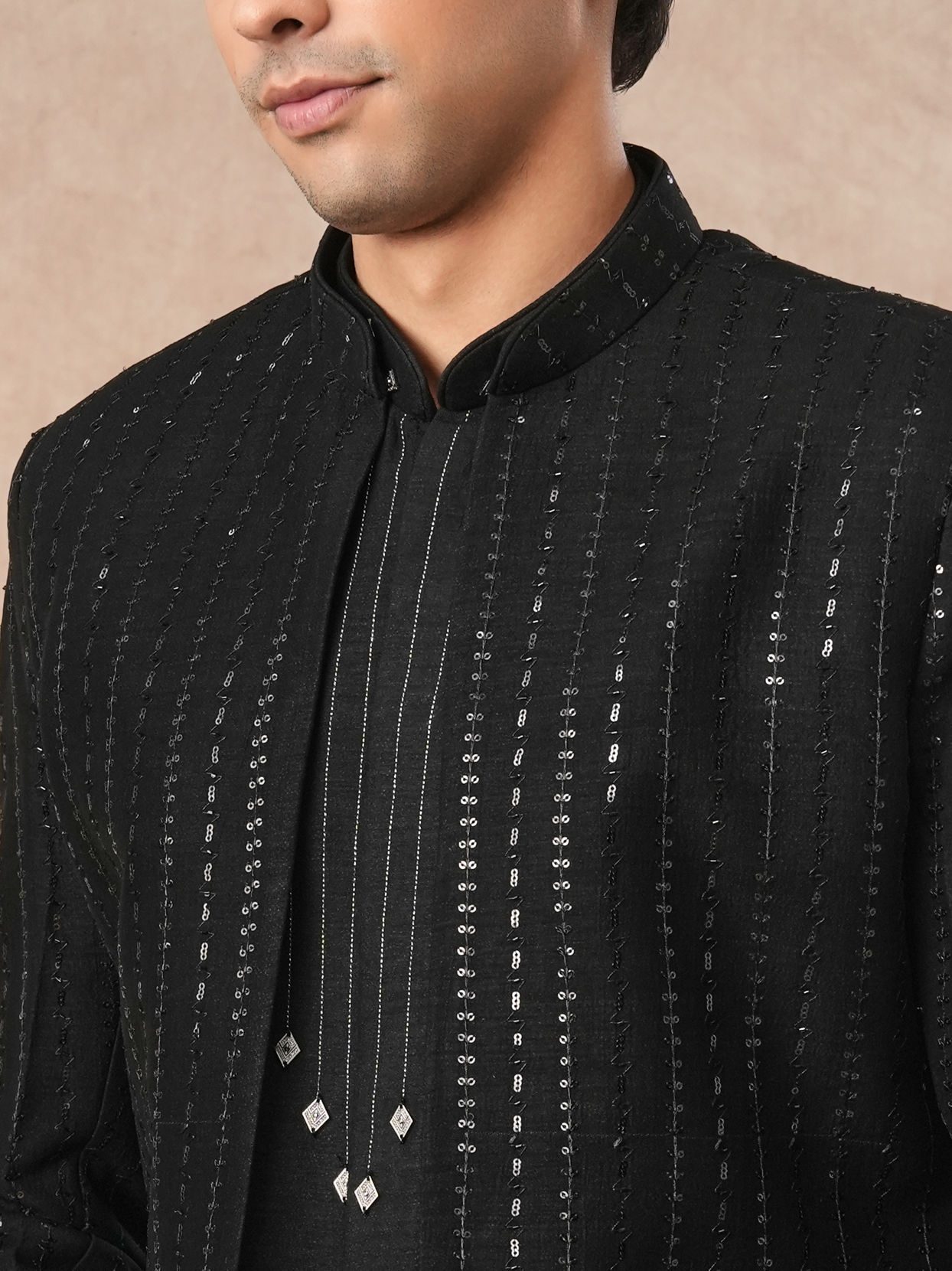 Manyavar Men Black Art Silk Indo Western with Sequins