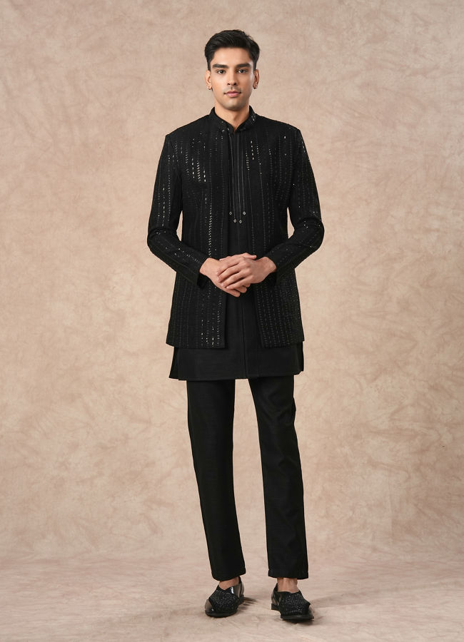 Manyavar Men Black Art Silk Indo Western with Sequins