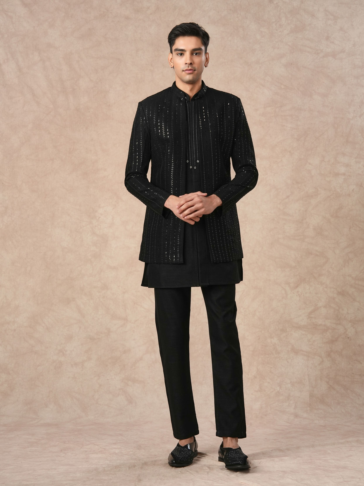 Manyavar Men Black Art Silk Indo Western with Sequins