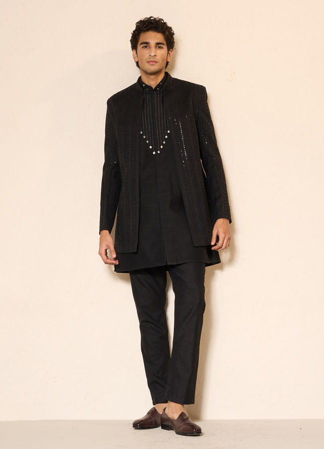 Manyavar Men Black Silk Indo Western with Sequins