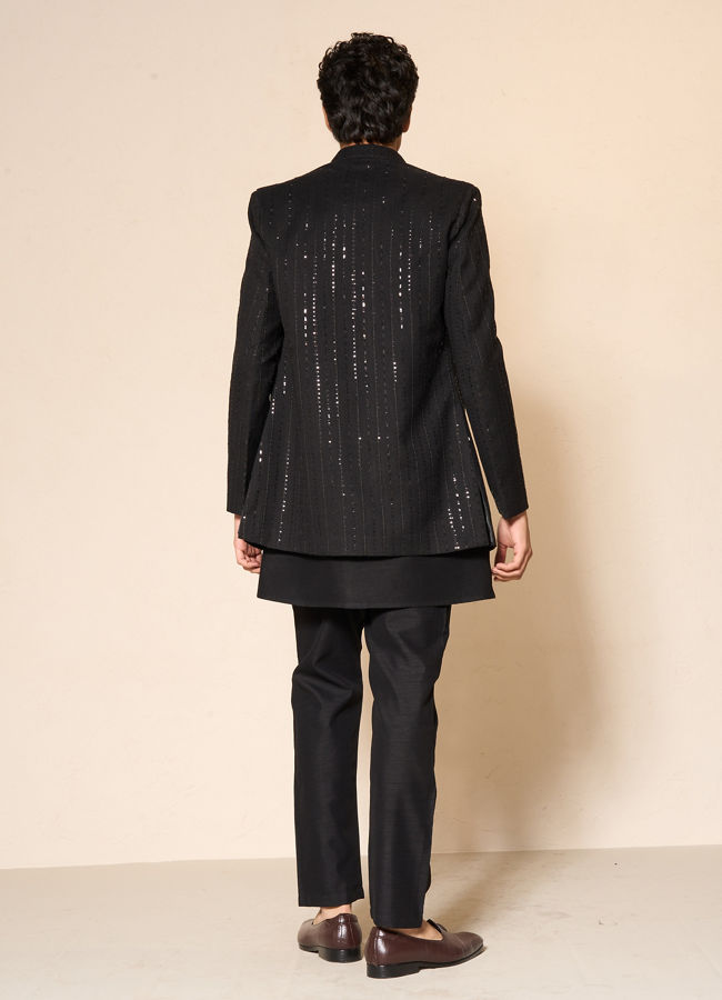 Manyavar Men Black Silk Indo Western with Sequins
