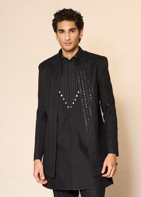 Manyavar Men Black Silk Indo Western with Sequins