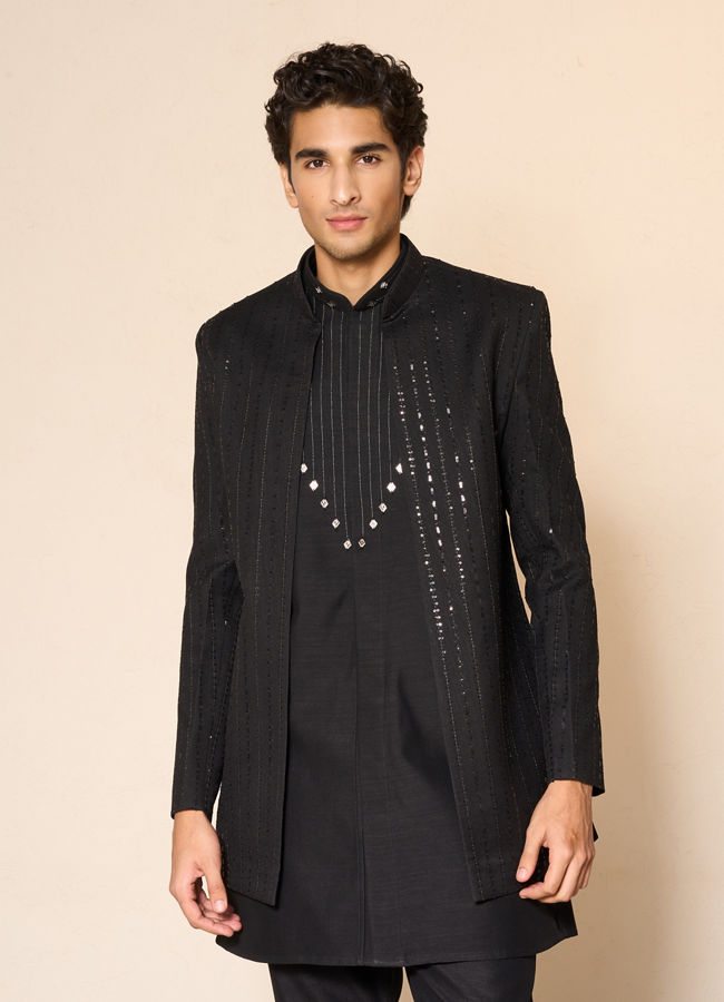 Manyavar Men Black Silk Indo Western with Sequins
