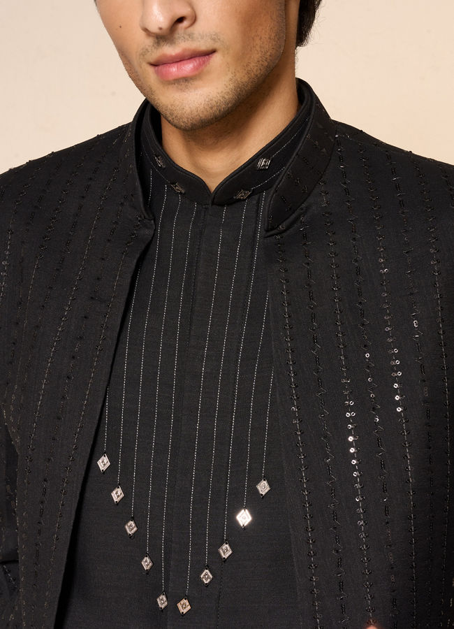 Manyavar Men Black Silk Indo Western with Sequins