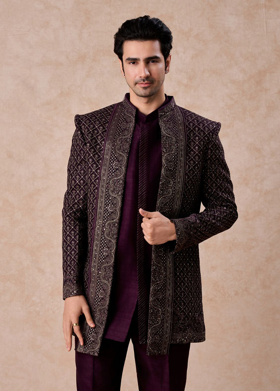Manyavar Men Purple Majesty Georgette Indo Western