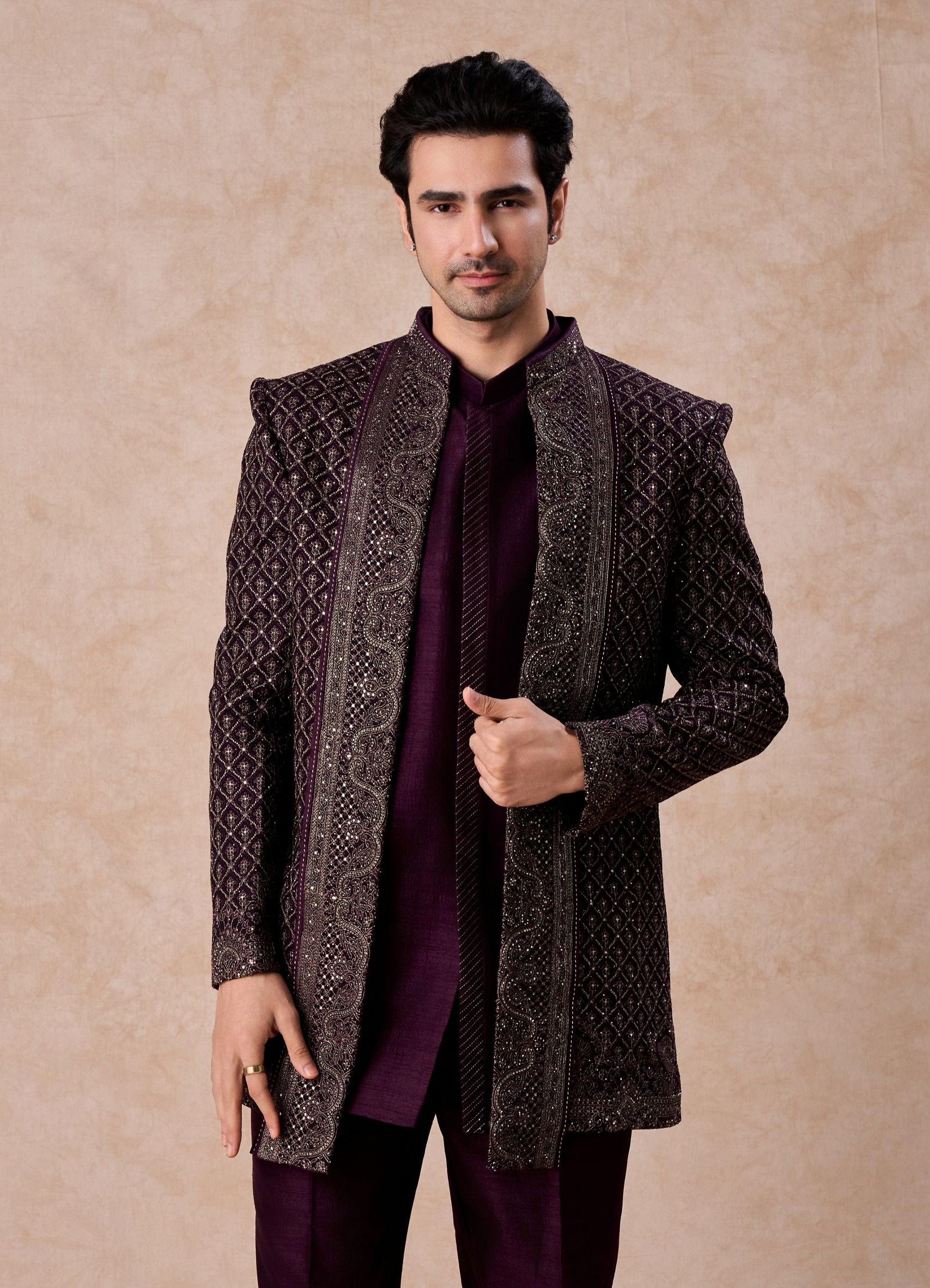 purple indo western dress men's Lavender Indo Western for Men with Thread Work XS-34 / Lavender